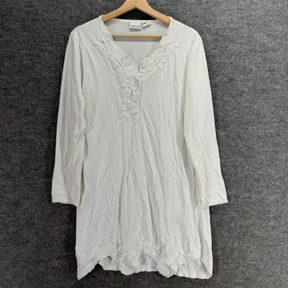 Newport News Night Gown Women M Medium White V-Neck Long Sleeve Cotton Button